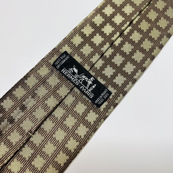 Hermes Paris Brown Jacquard Silk Tie w Gold Design 58x3.5” LNWOT - Picture 1 of 11